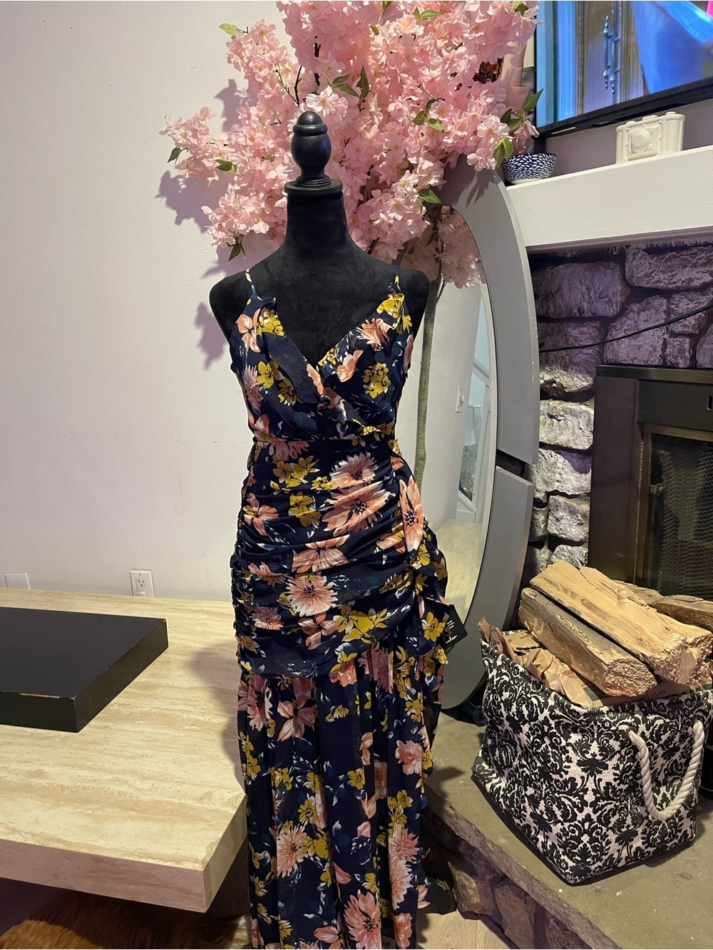 Lulu's Navy Floral Ruched Maxi Dress with Pink & Yellow Blossoms